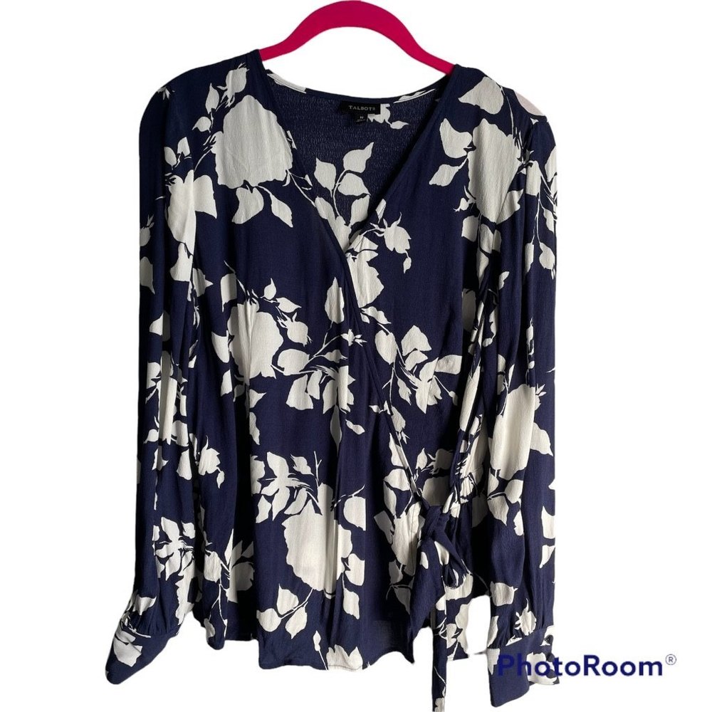 TALBOTS Ladies Navy Floral Viscose Wrap‎ Career Blouse, M